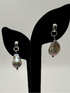 Silver Gray Baroque Pearl Drop Sterling Silver Earrings - Unbranded